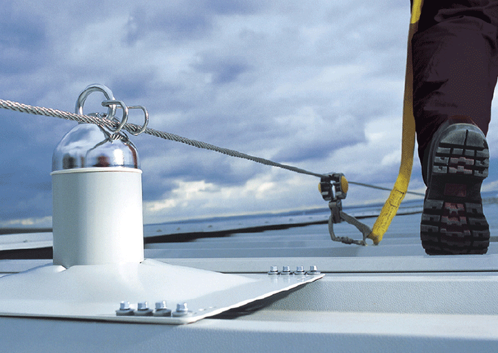 person attached to a lifeline system working in fall arrest on a roof