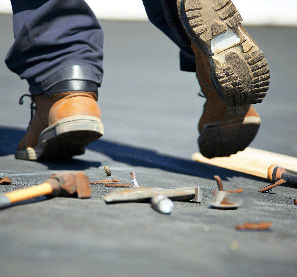 Person walking over discarded tools on a roof causing a slip and trip hazard
