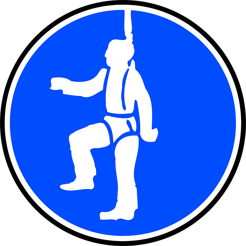 Fall arrest system blue safety icon with person hanging in a harness