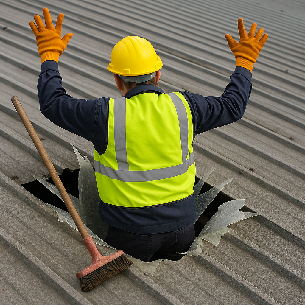 Worker in high viz vest and hard hat falling through a fragile rooflight on a metal roof. There's a broom beside him.