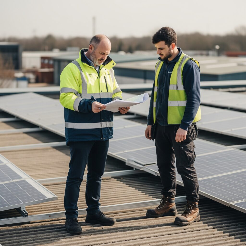 Workers on a flat roof with solar panels on it. One worker has papers in his hand which he is discussing with the other worker.