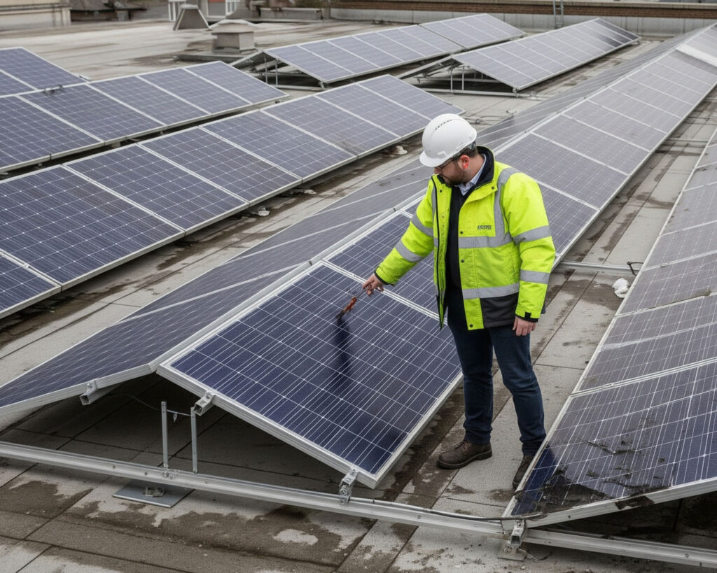 Worker wearing a hard hat and high-viz jacket inspecting solar panels on the roof.