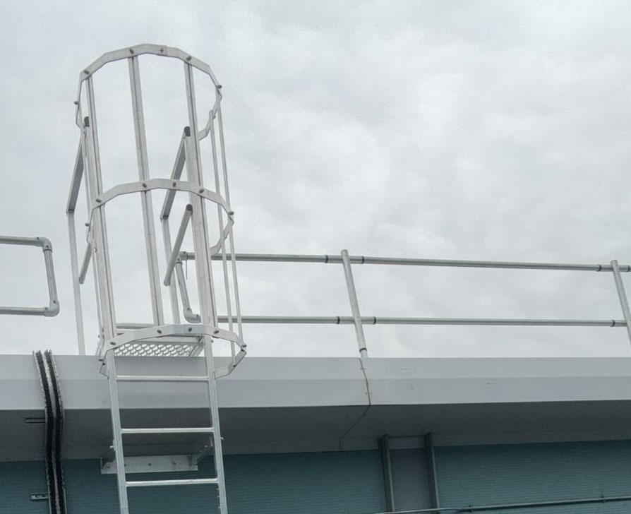 Fixed access ladder providing safe access onto a roof. Guardrail protects people as they step off the ladder.
