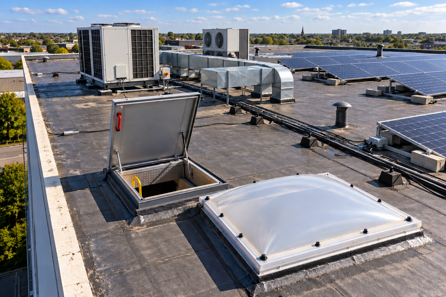 Flat roof with solar panels, A/C units, ductwork and a roof hatch opening up next to a fragile rooflight. There is no fall protection on the roof